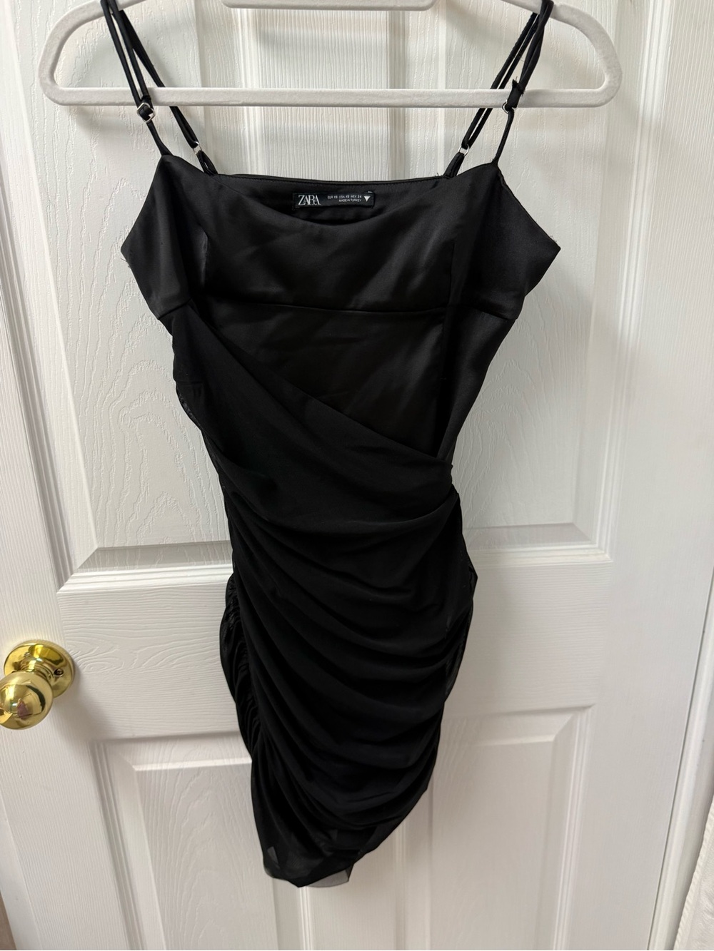 Zara Mesh Overlay Satin Ruched Mini Dress Size XS Black Bodycon Club Wear